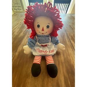 Raggedy Ann Plush Doll Red Yarn Hair Blue Floral Dress White Apron 16 Inch